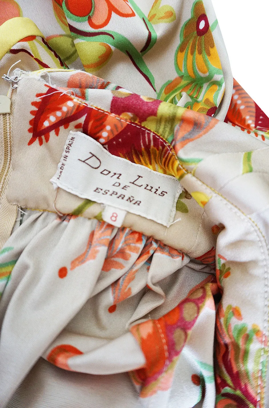 1970s Don Luis Plunge Front & Back Printed Jersey Dress