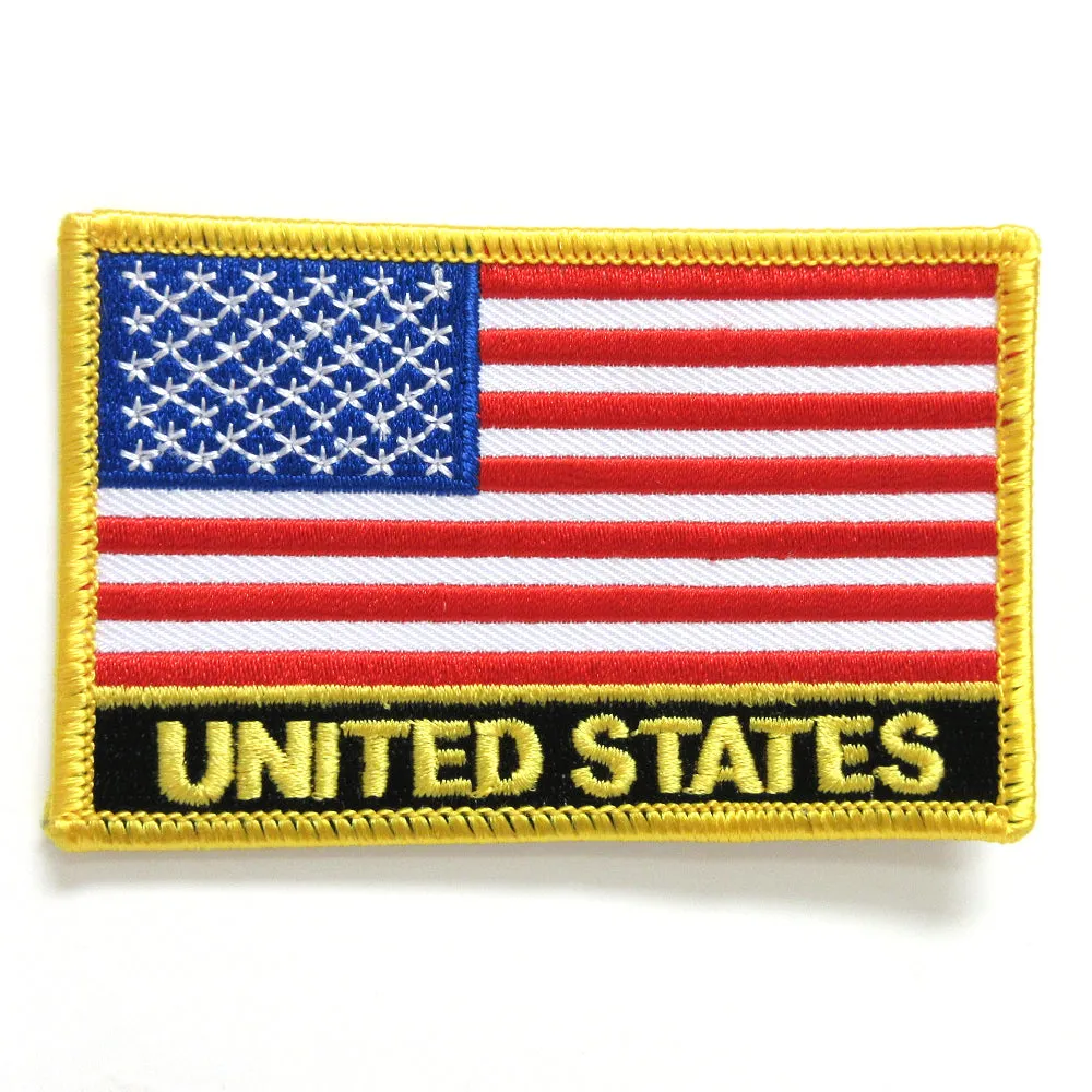 2 American Flag Embroidered Patch Iron On Gold Border Usa Us United Stated New !