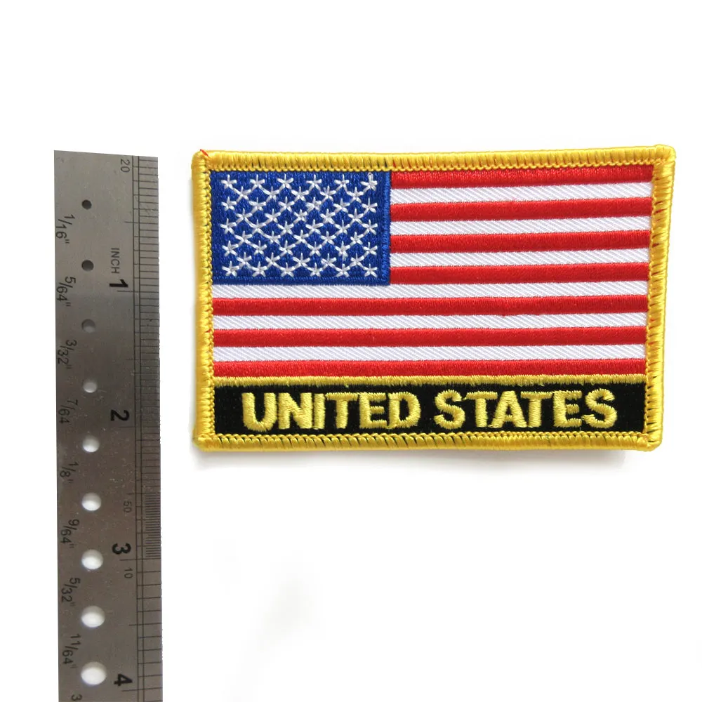 2 American Flag Embroidered Patch Iron On Gold Border Usa Us United Stated New !