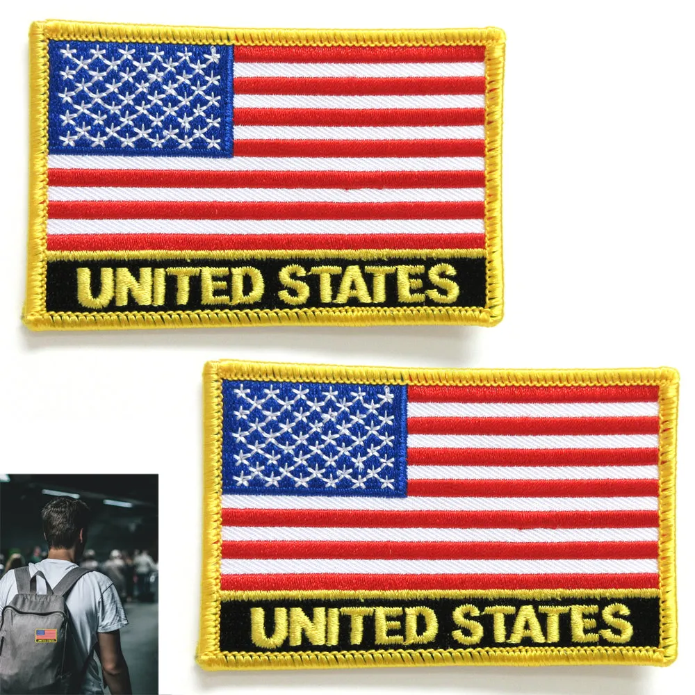 2 American Flag Embroidered Patch Iron On Gold Border Usa Us United Stated New !