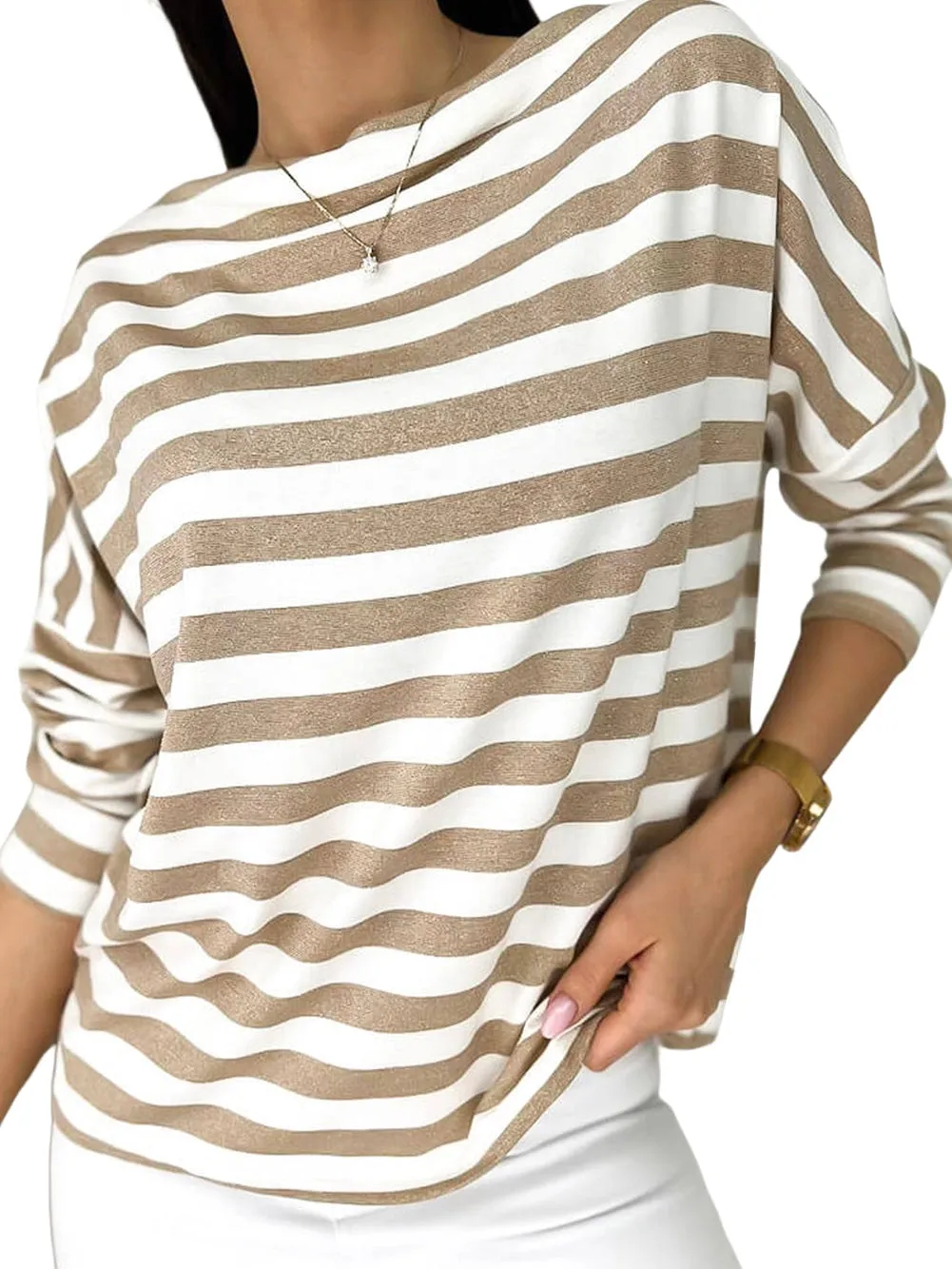 Beige and White Striped Boat Neck Top