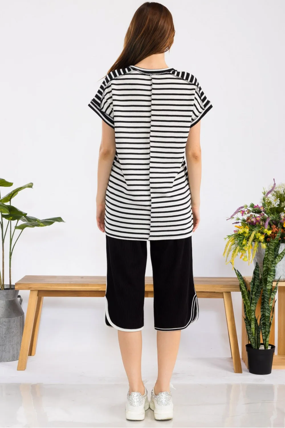 Black Stripe Contrast Top With Short Cuff Sleeves - Black - FINAL SALE