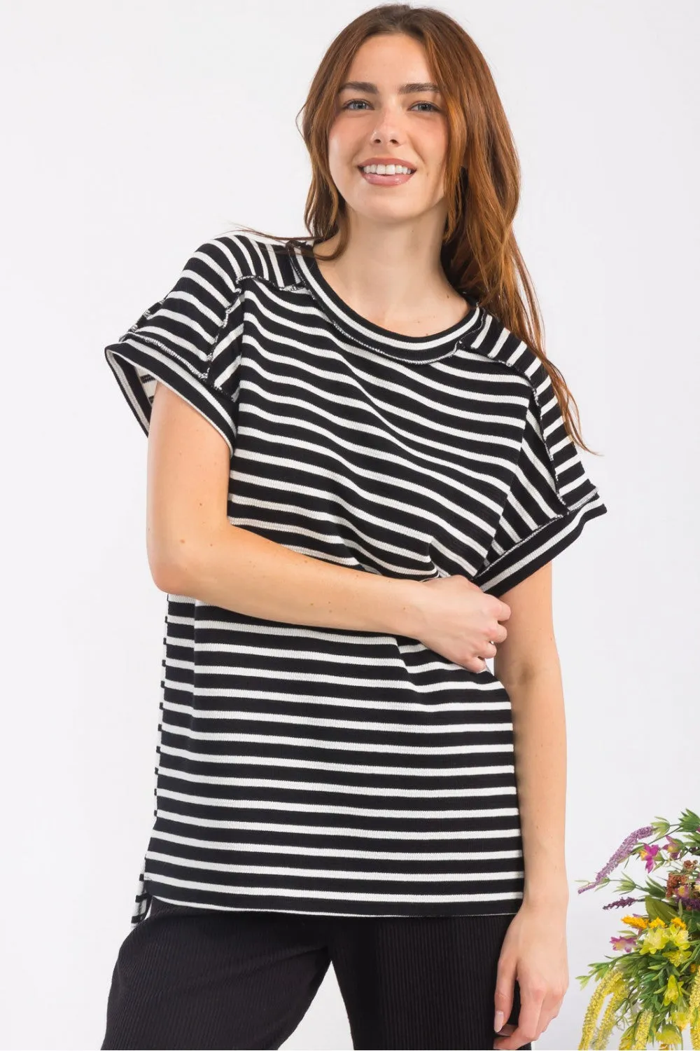 Black Stripe Contrast Top With Short Cuff Sleeves - Black - FINAL SALE