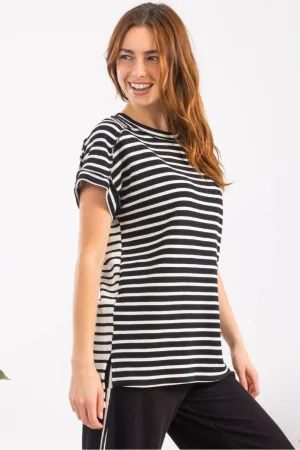 Black Stripe Contrast Top With Short Cuff Sleeves - Black - FINAL SALE