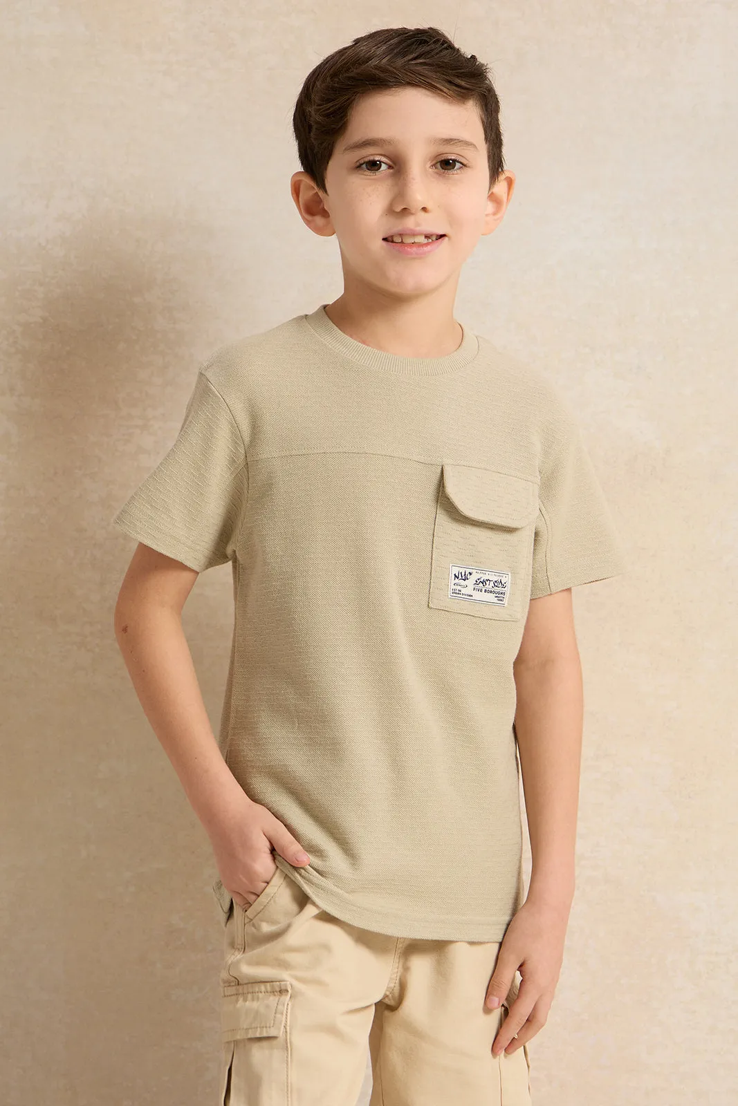 Boys Green Pocket Paneled Short Sleeve T-Shirt