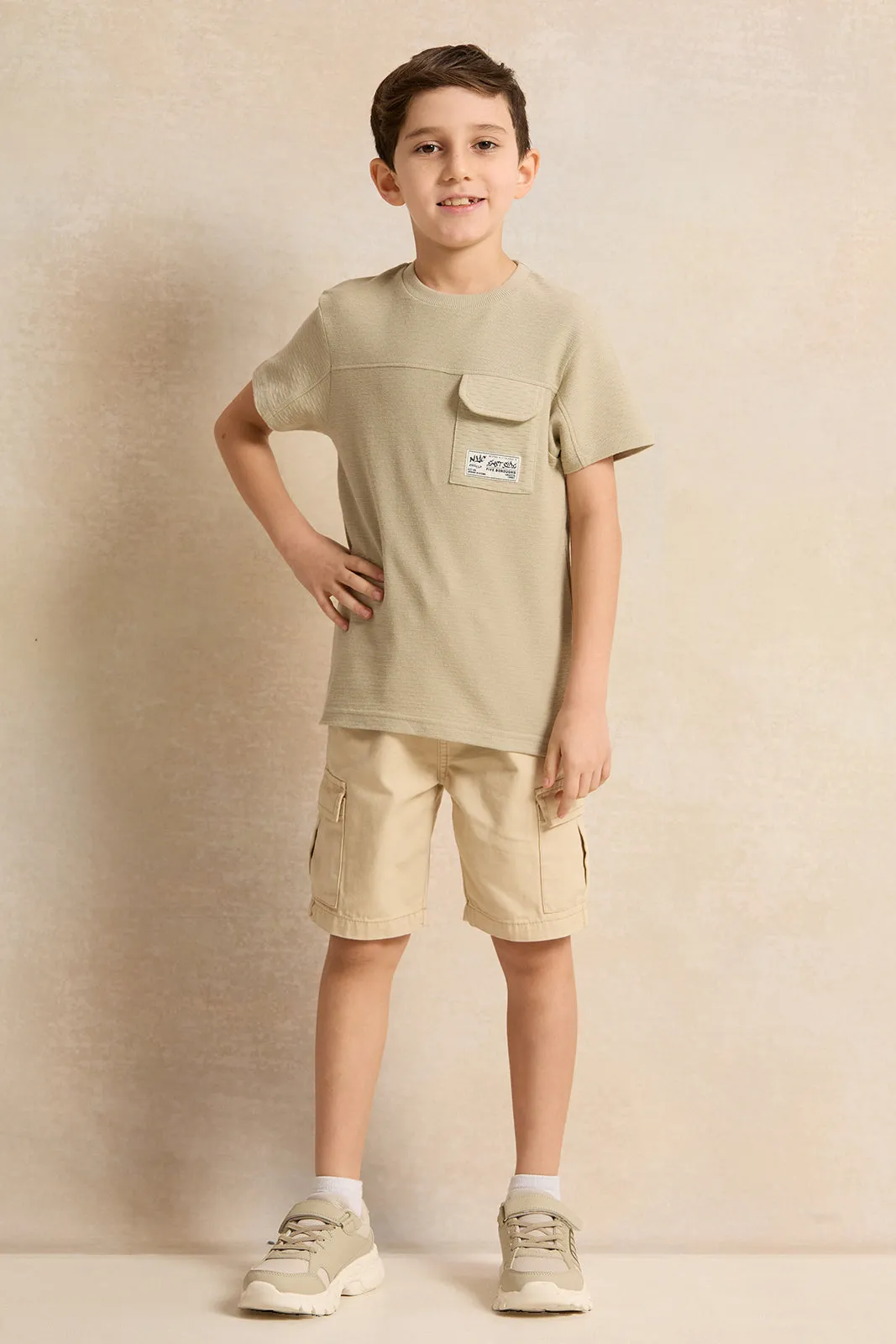 Boys Green Pocket Paneled Short Sleeve T-Shirt