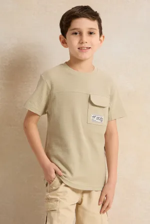 Boys Green Pocket Paneled Short Sleeve T-Shirt