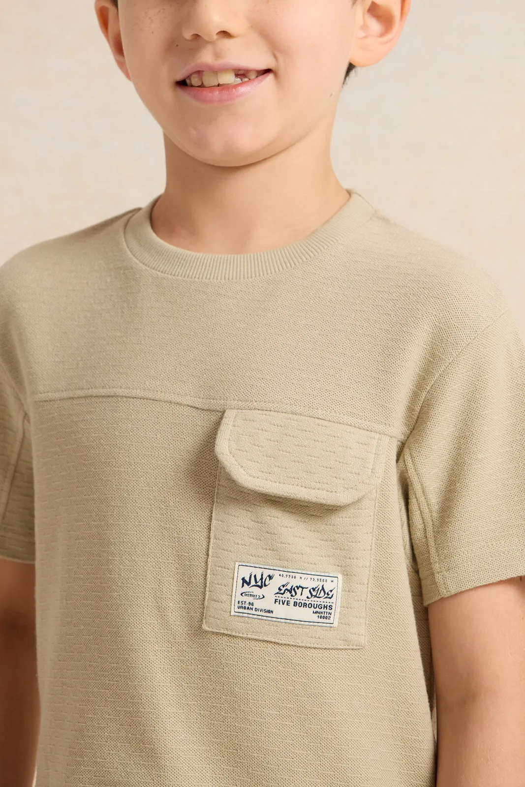 Boys Green Pocket Paneled Short Sleeve T-Shirt
