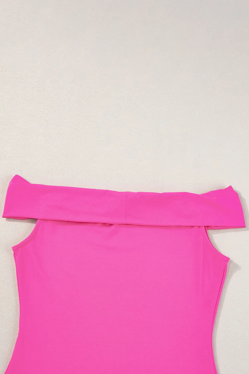 Bright Pink Solid Color Folded Off Shoulder Slim Blouse