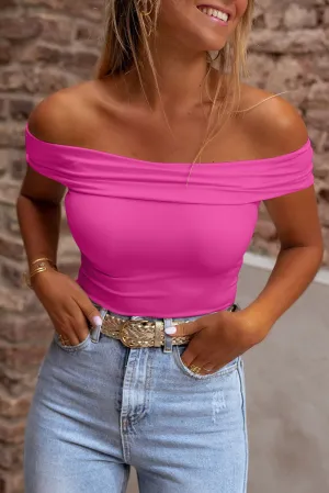 Bright Pink Solid Color Folded Off Shoulder Slim Blouse