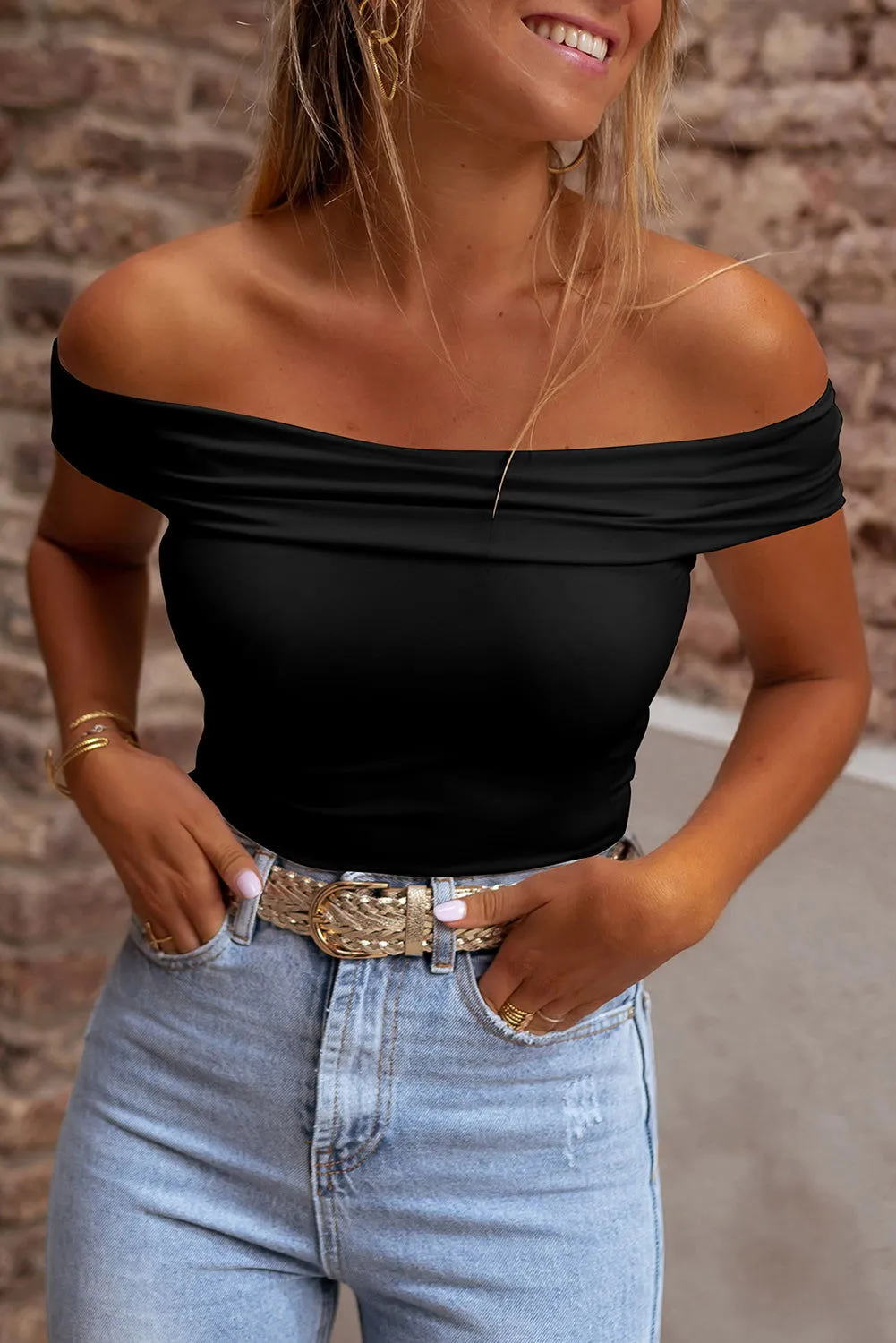 Bright Pink Solid Color Folded Off Shoulder Slim Blouse