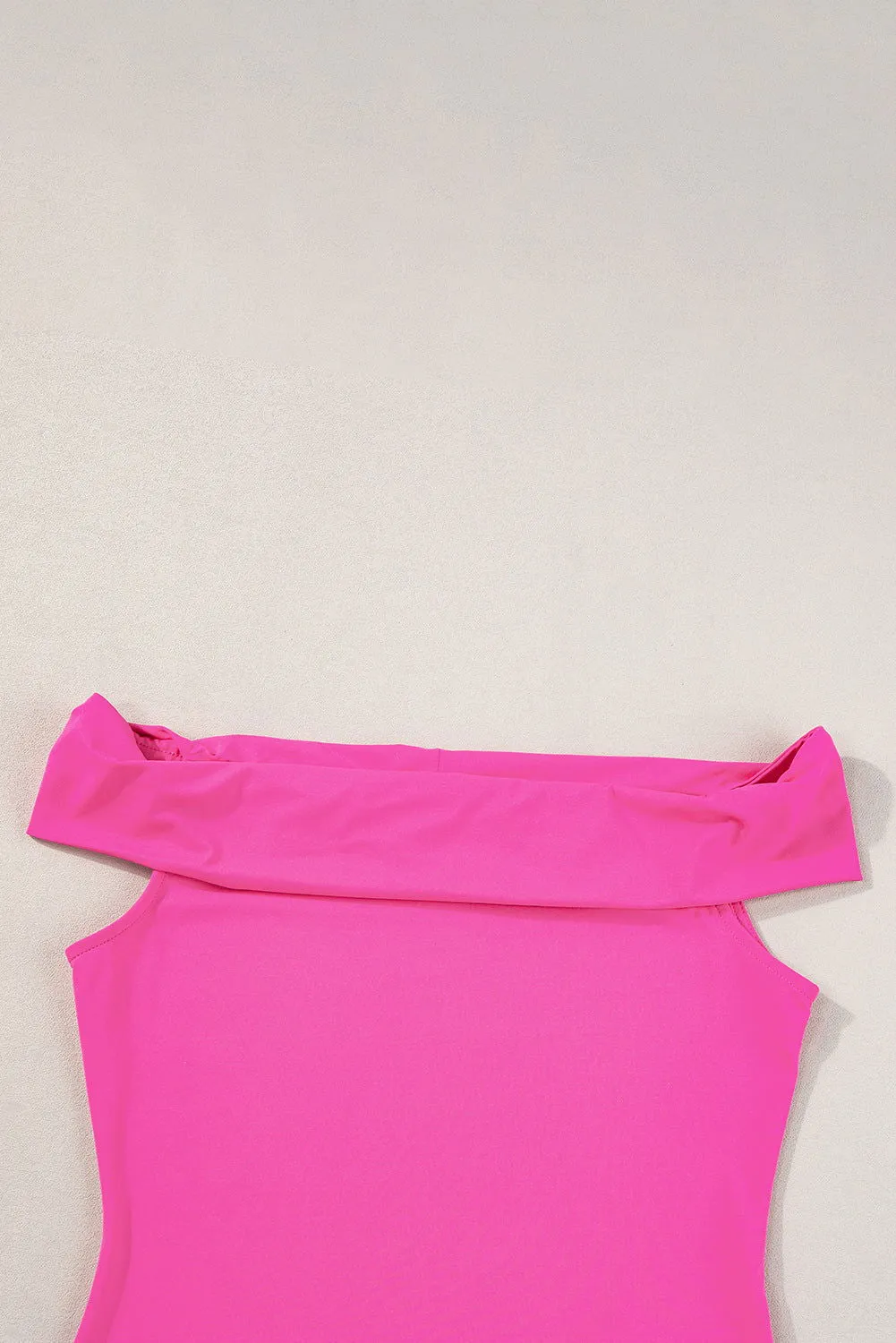 Bright Pink Solid Color Folded Off Shoulder Slim Blouse