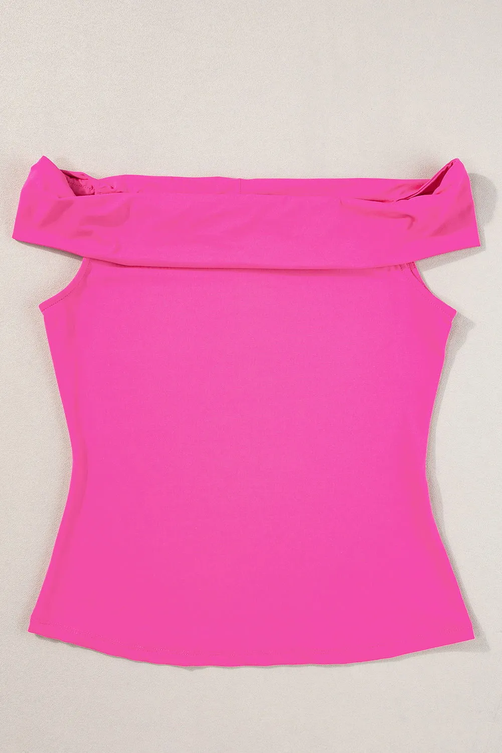 Bright Pink Solid Color Folded Off Shoulder Slim Blouse
