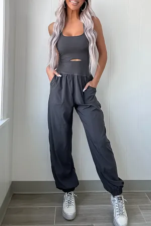 Carbon Grey Back Crossed Straps Hollow Out Jogger Jumpsuit