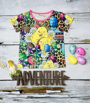 Chicks w/multicolor Easter eggs & daisy's short sleeve t-shirt XCH0660-5H