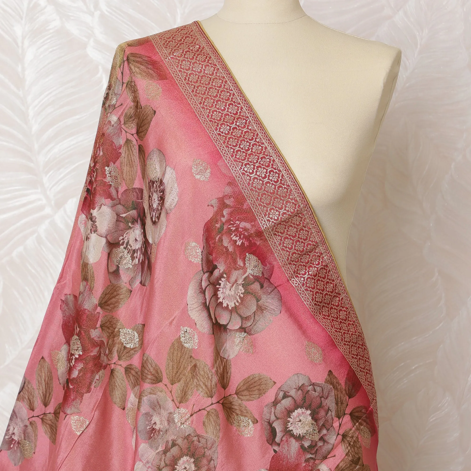 Coral Garden Brocade Dupatta with Golden Floral Design - 225x80 cm, Made in India-D19102