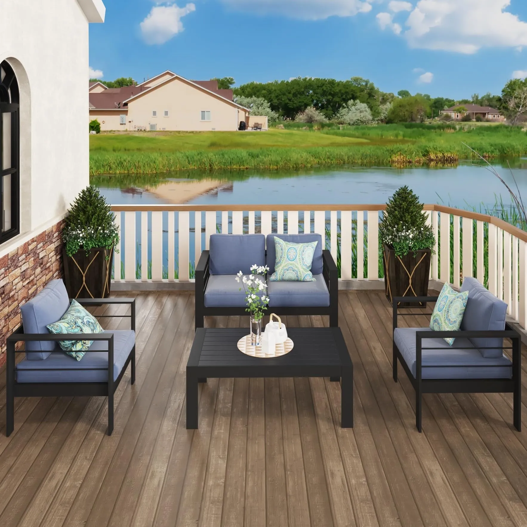 CozyHom 2-Seater Aluminum Outdoor Patio Armchairs Sofa Chair Furniture Sets With Cushions, Cozy Conversation Couch Chairs Sets, Blue