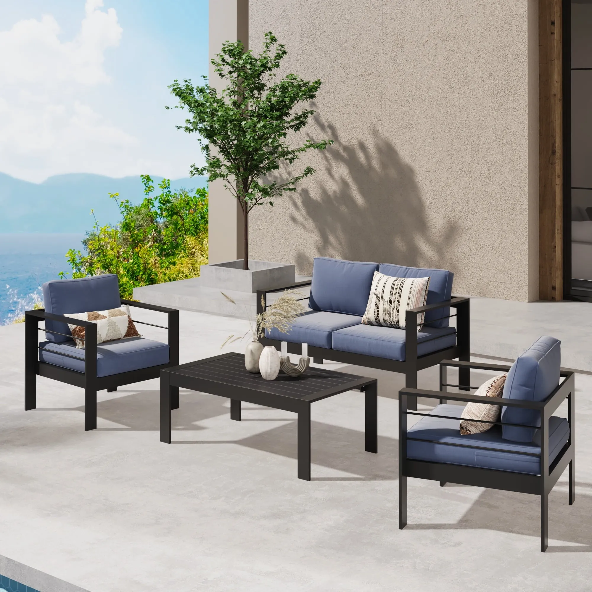 CozyHom 2-Seater Aluminum Outdoor Patio Armchairs Sofa Chair Furniture Sets With Cushions, Cozy Conversation Couch Chairs Sets, Blue