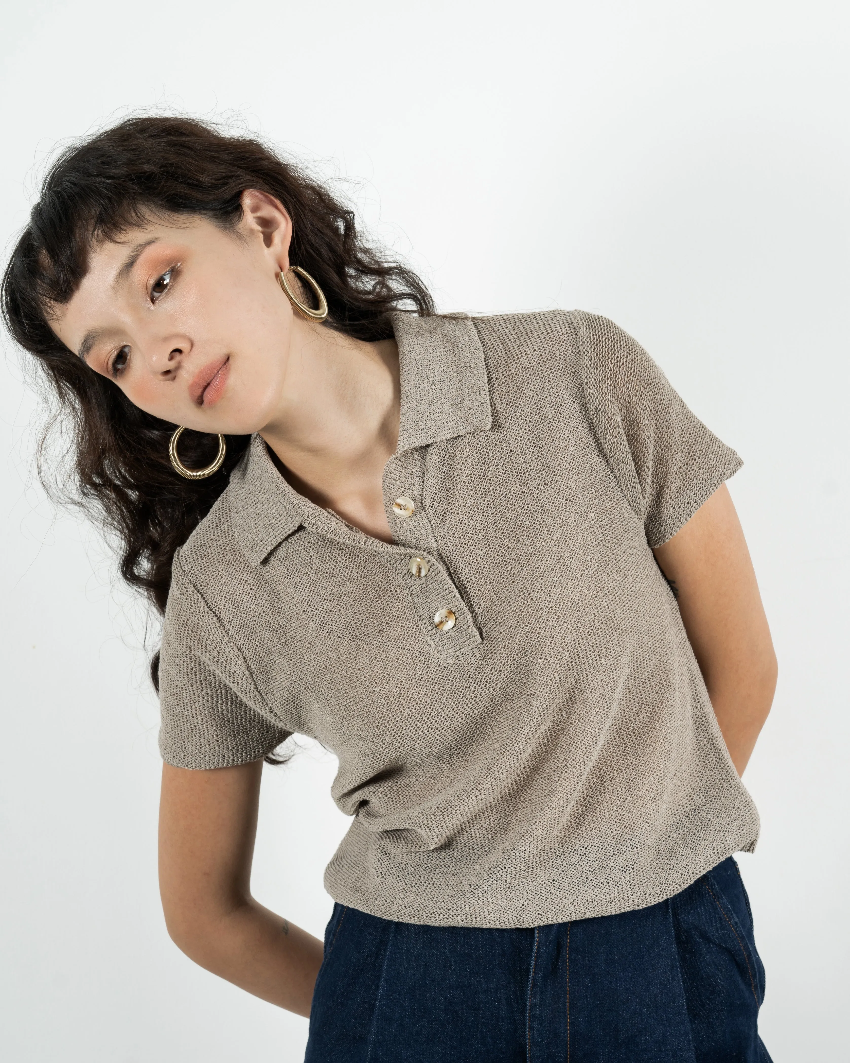 Crochet Short Sleeve Polo Shirt (Khaki Grey)