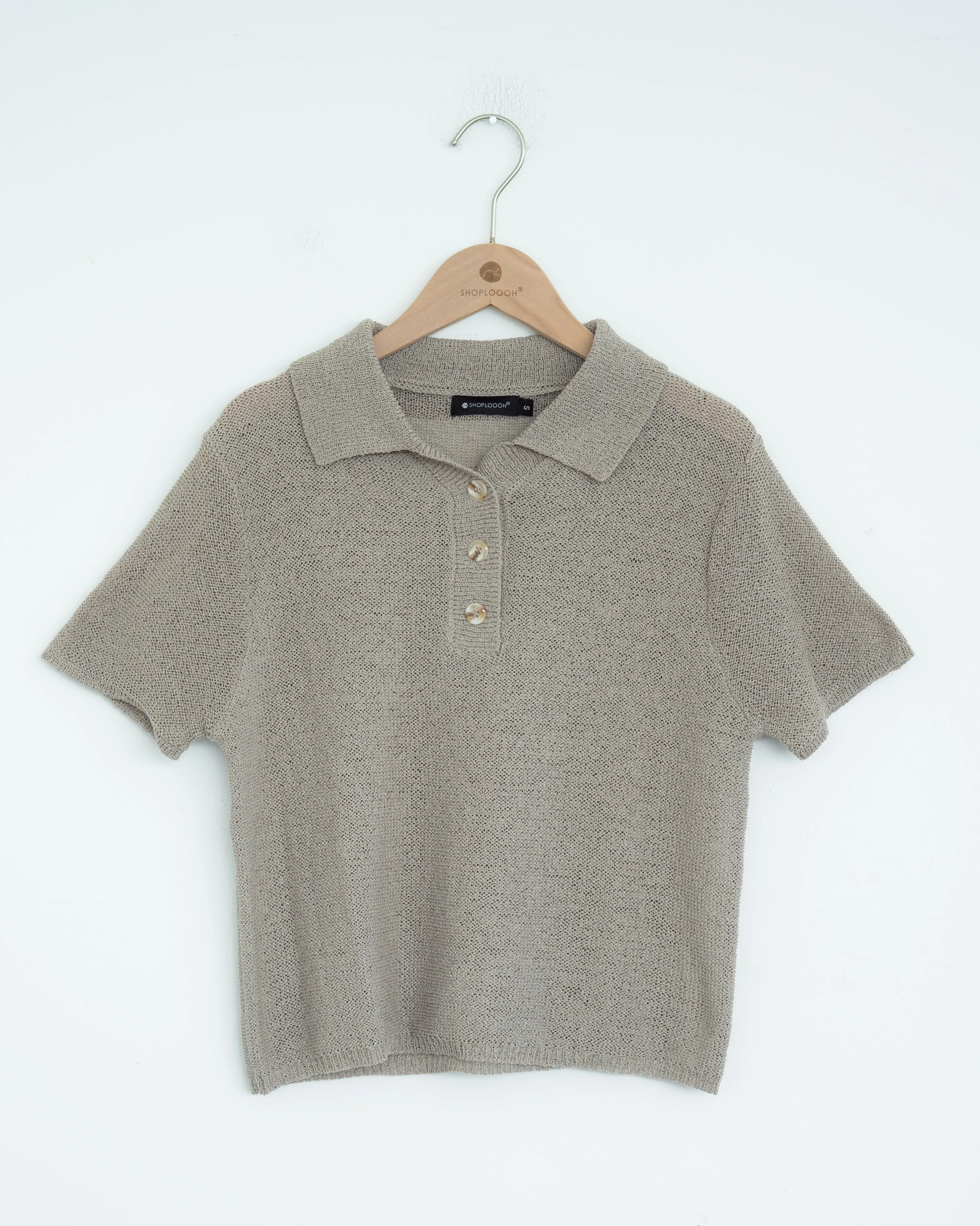 Crochet Short Sleeve Polo Shirt (Khaki Grey)