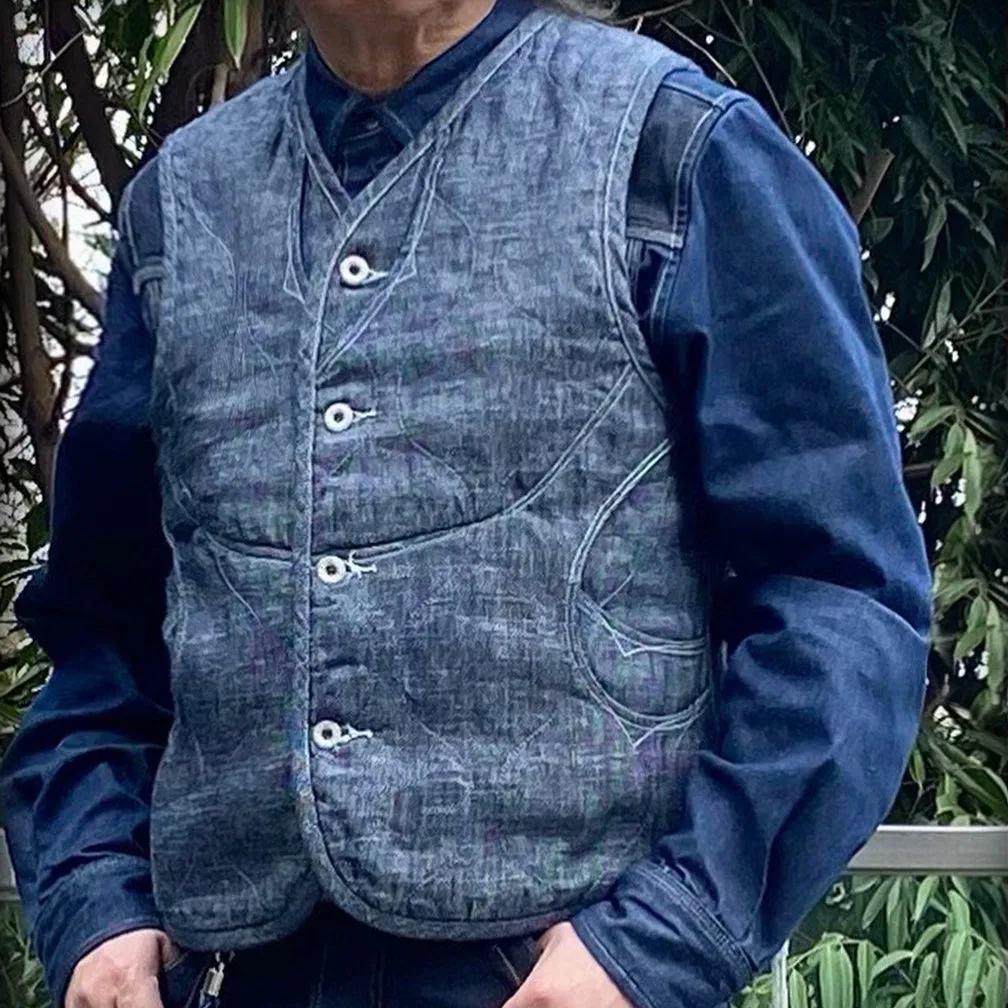 DDL 320-BRETT-2 REGULAR FIT 6 POCKET LIGHTLY PADDED INDIGO COTTON LINEN VEST-10.5oz-E0 ROYAL BLUE INDIGO