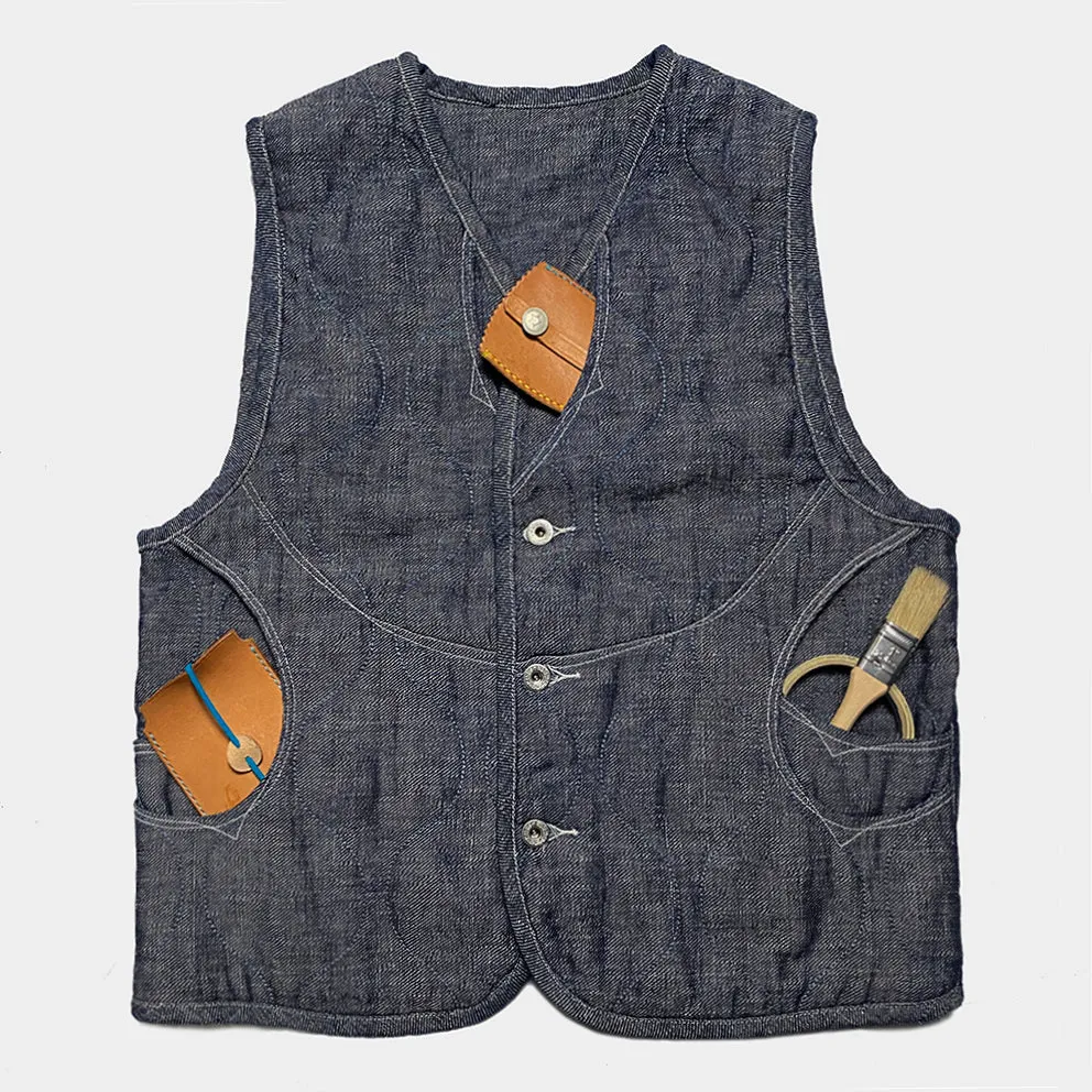 DDL 320-BRETT-2 REGULAR FIT 6 POCKET LIGHTLY PADDED INDIGO COTTON LINEN VEST-10.5oz-E0 ROYAL BLUE INDIGO