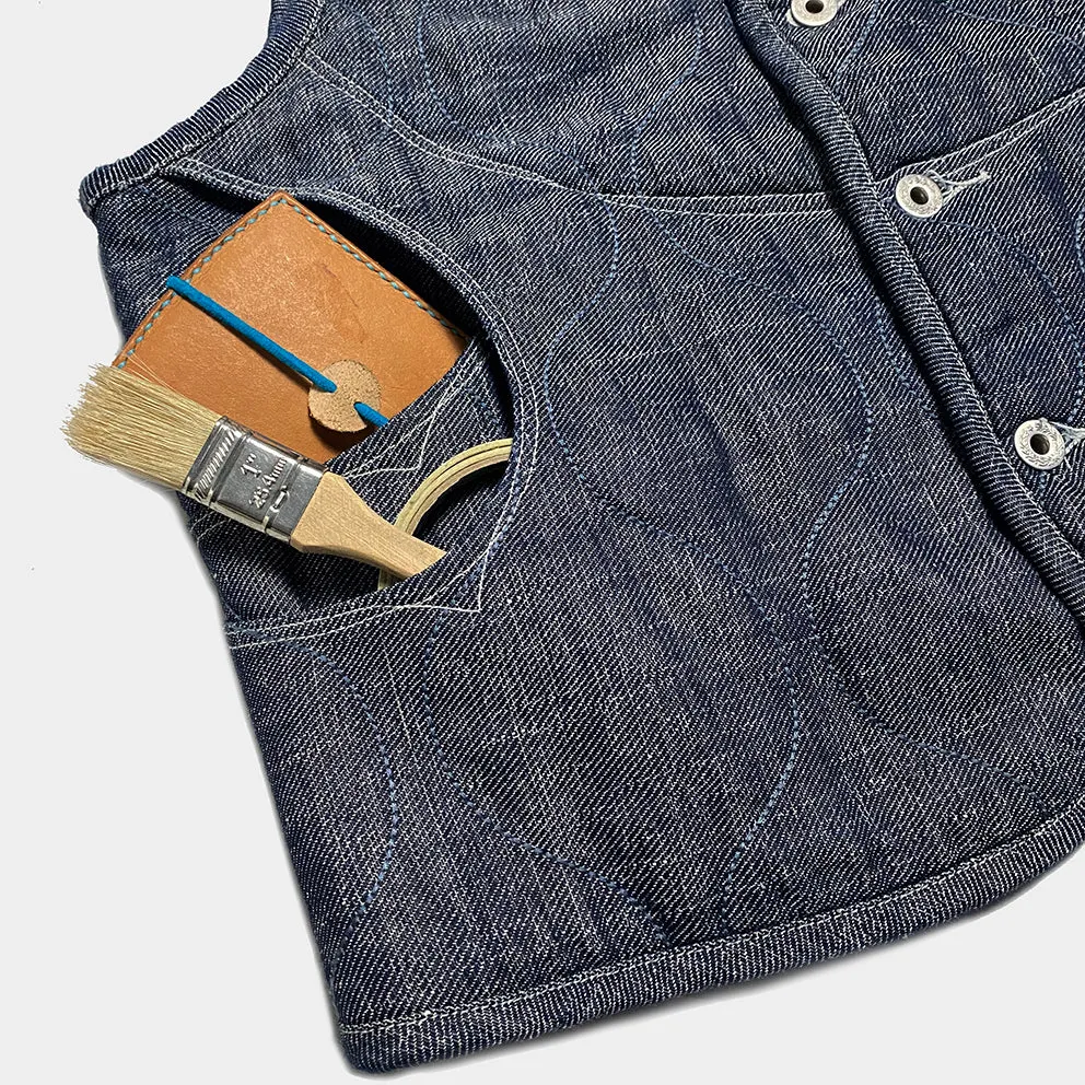 DDL 320-BRETT-2 REGULAR FIT 6 POCKET LIGHTLY PADDED INDIGO COTTON LINEN VEST-10.5oz-E0 ROYAL BLUE INDIGO