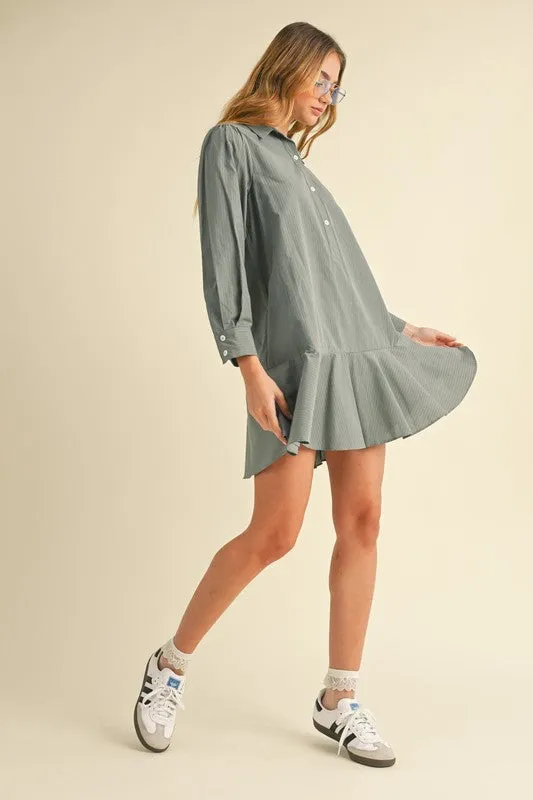 Dusty Blue Striped Flounce Hem Dress