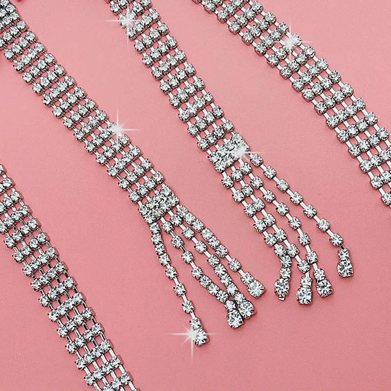 Elegant Faux Leather Trim Crystal Bow Tassel Choker NeckLace - Silver