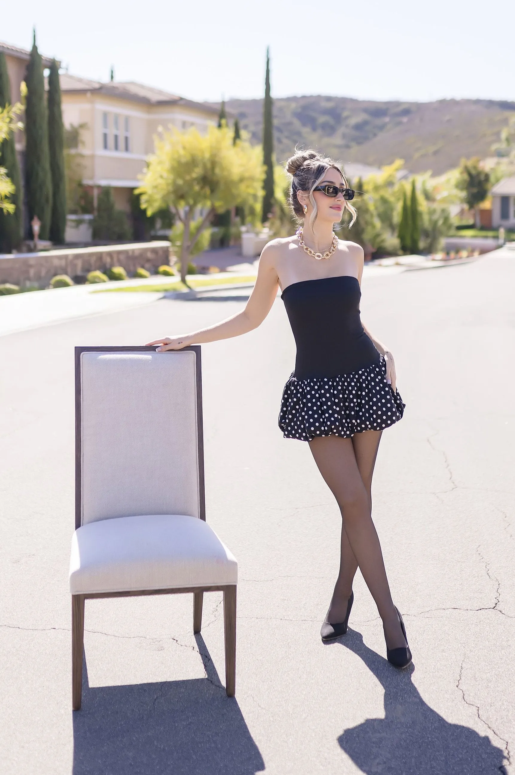 Gianna Sleeveless Polka Dot Print Bubble Mini Dress Black