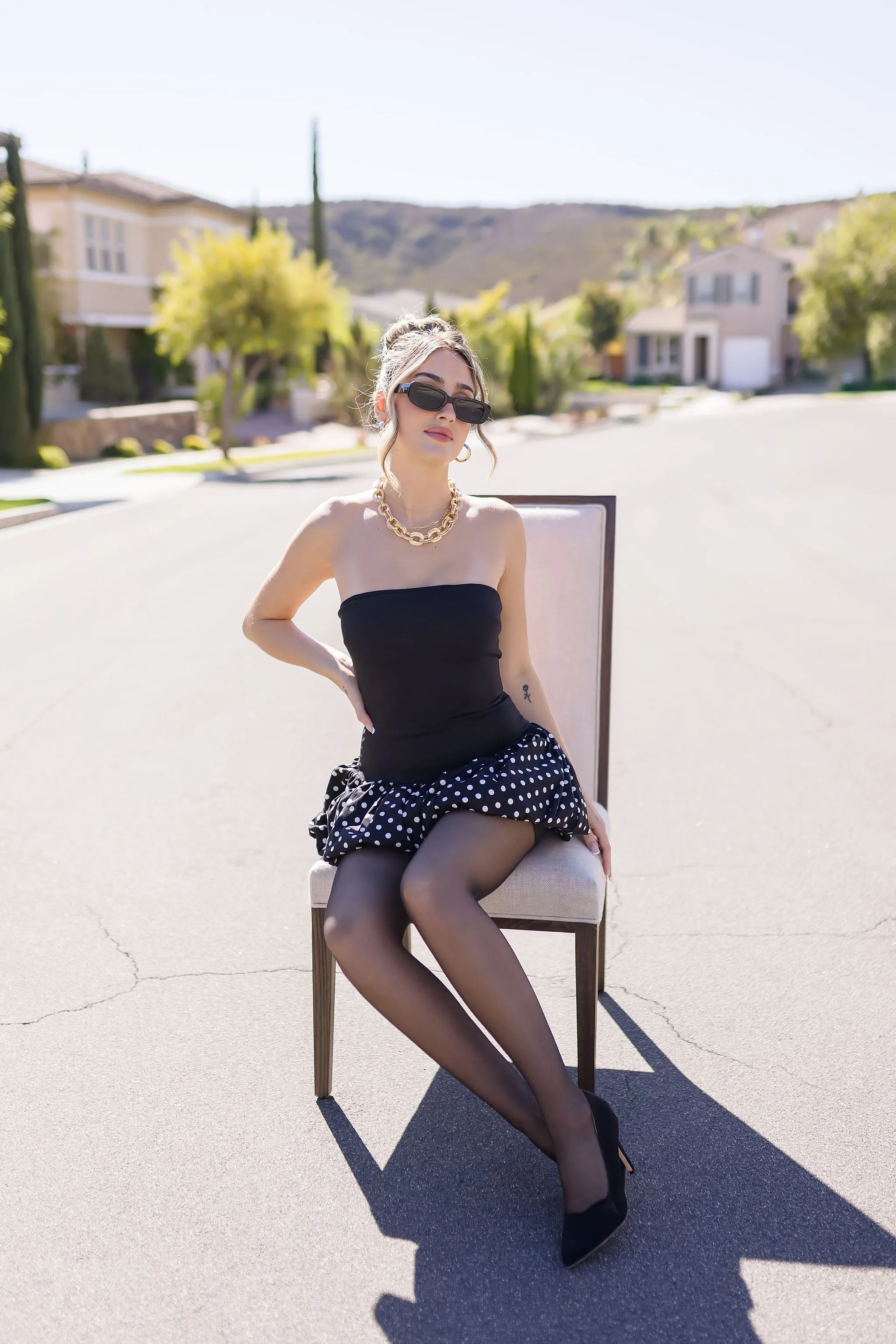 Gianna Sleeveless Polka Dot Print Bubble Mini Dress Black