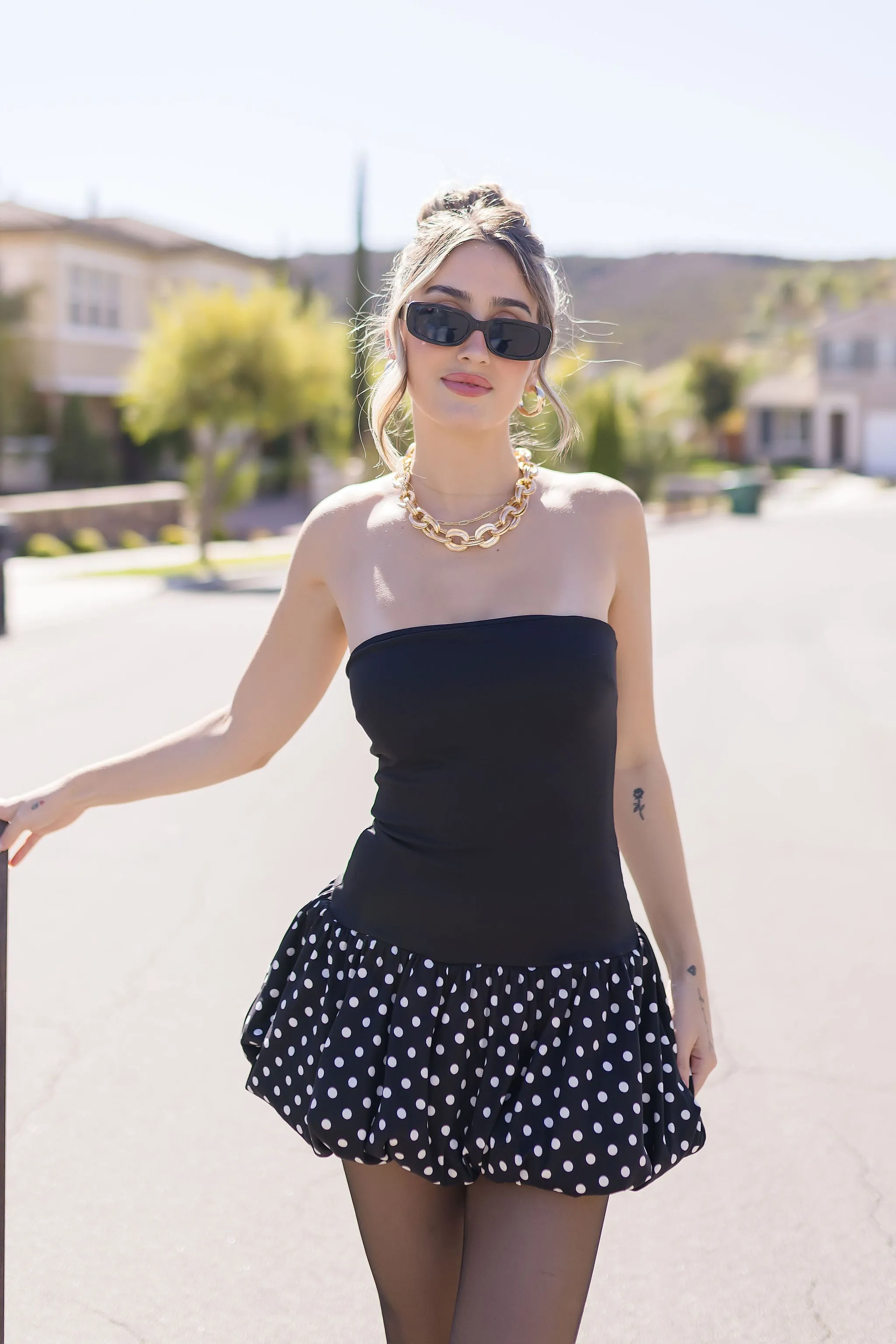 Gianna Sleeveless Polka Dot Print Bubble Mini Dress Black