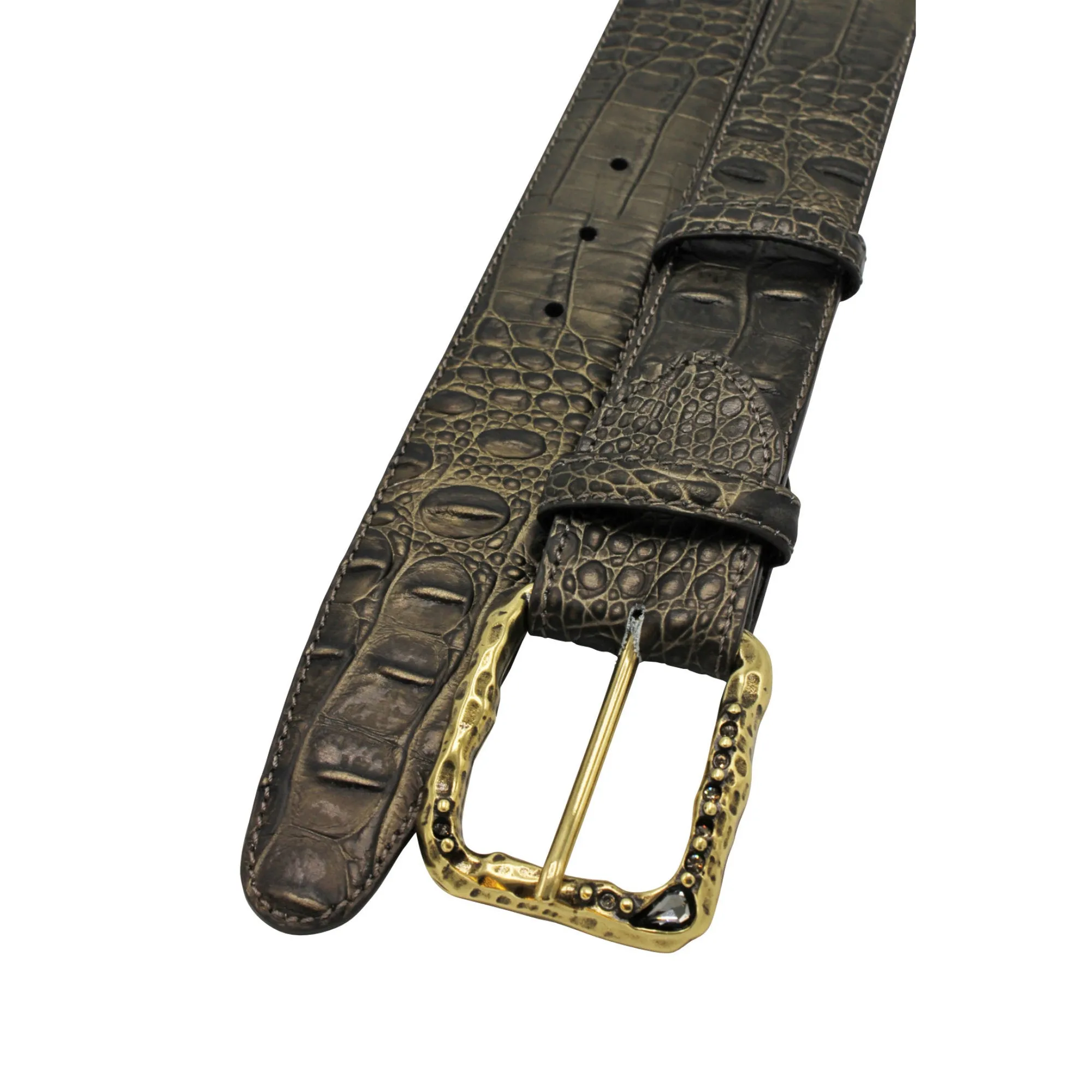 Graphite Metallic Mock Croc Crystal Prong Belt
