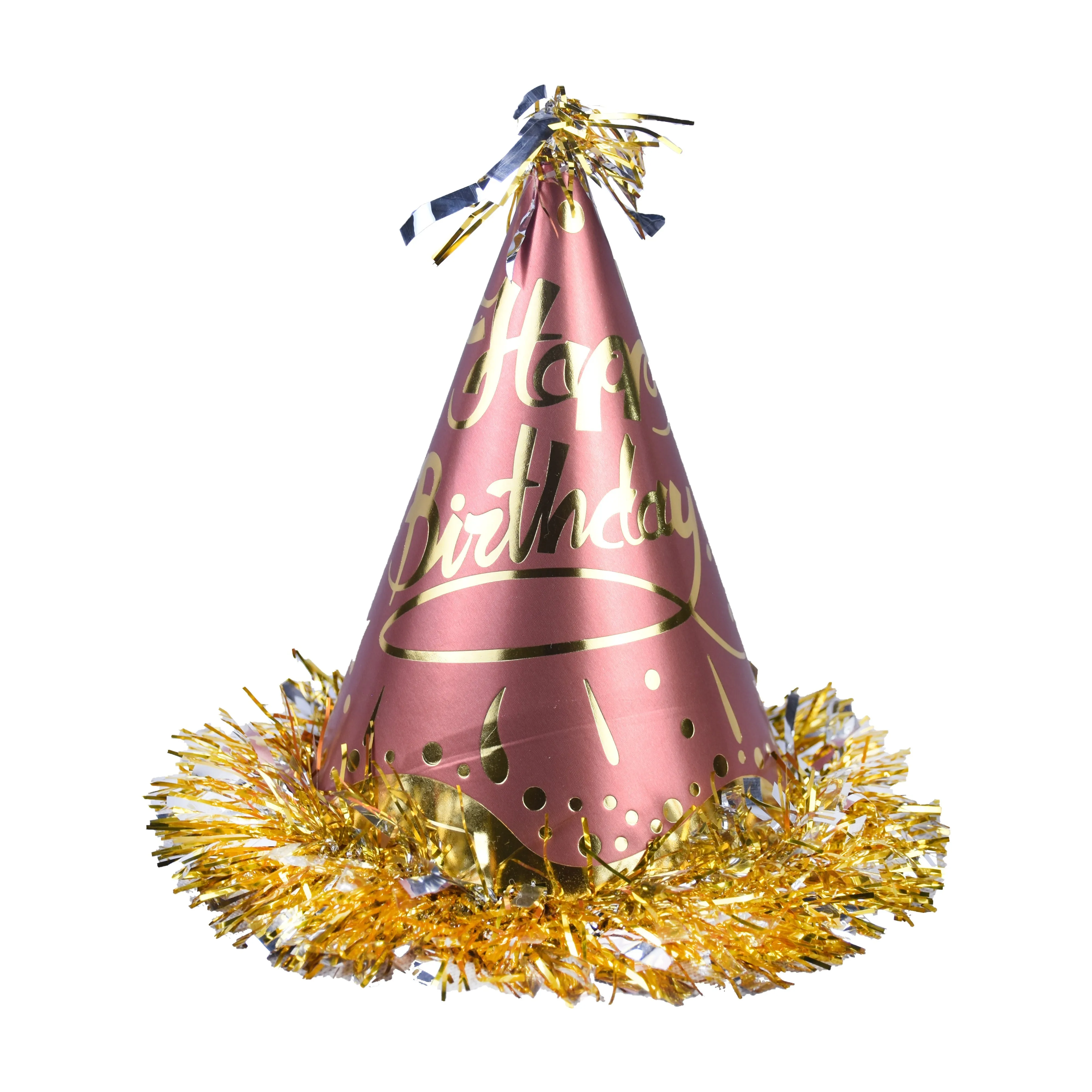 Happy Birthday Fancy Multi Designs Tinsel Border Cone Party Cap Brown