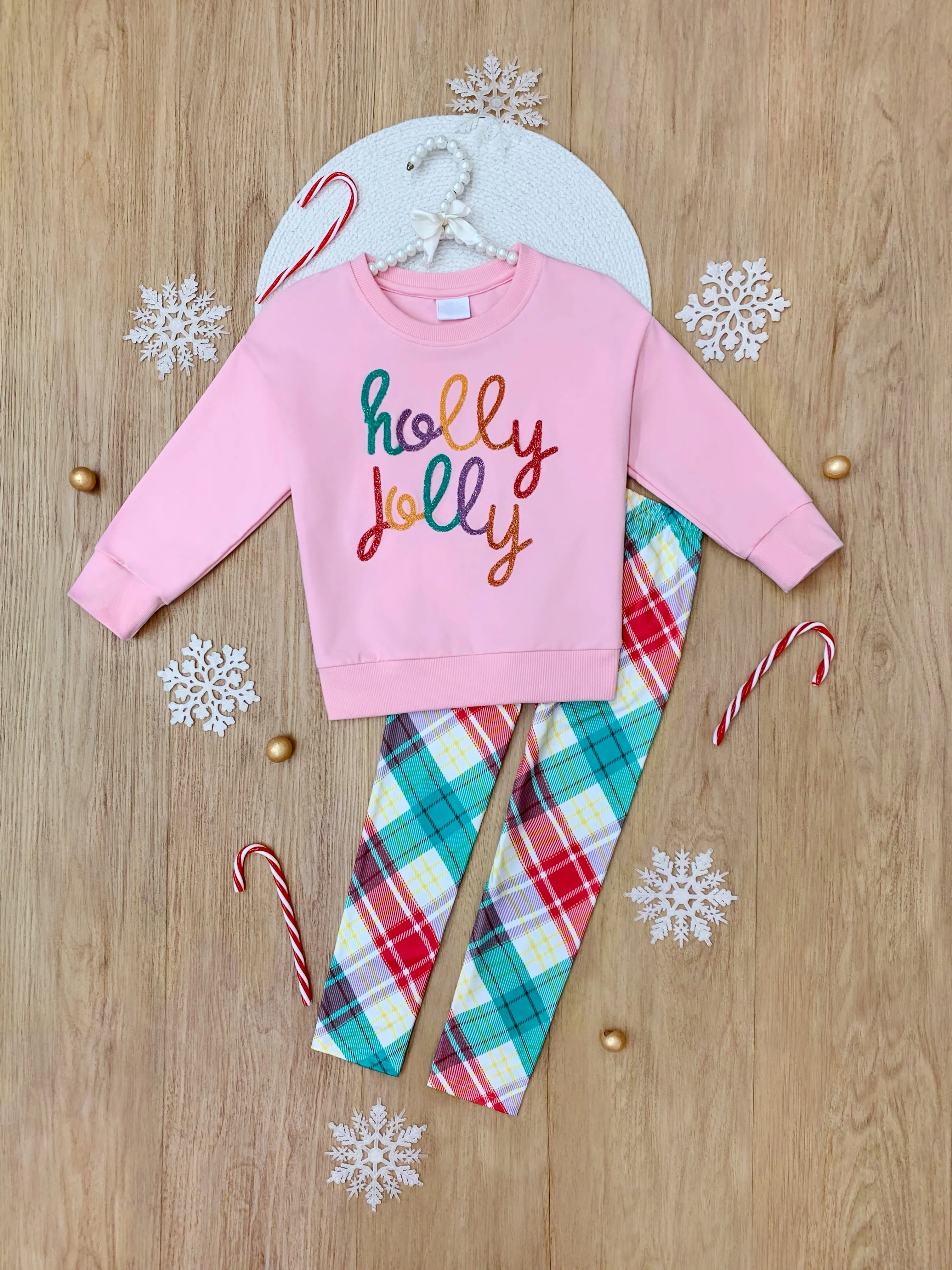 Holly Jolly Pink Top and Christmas Plaid Legging Set
