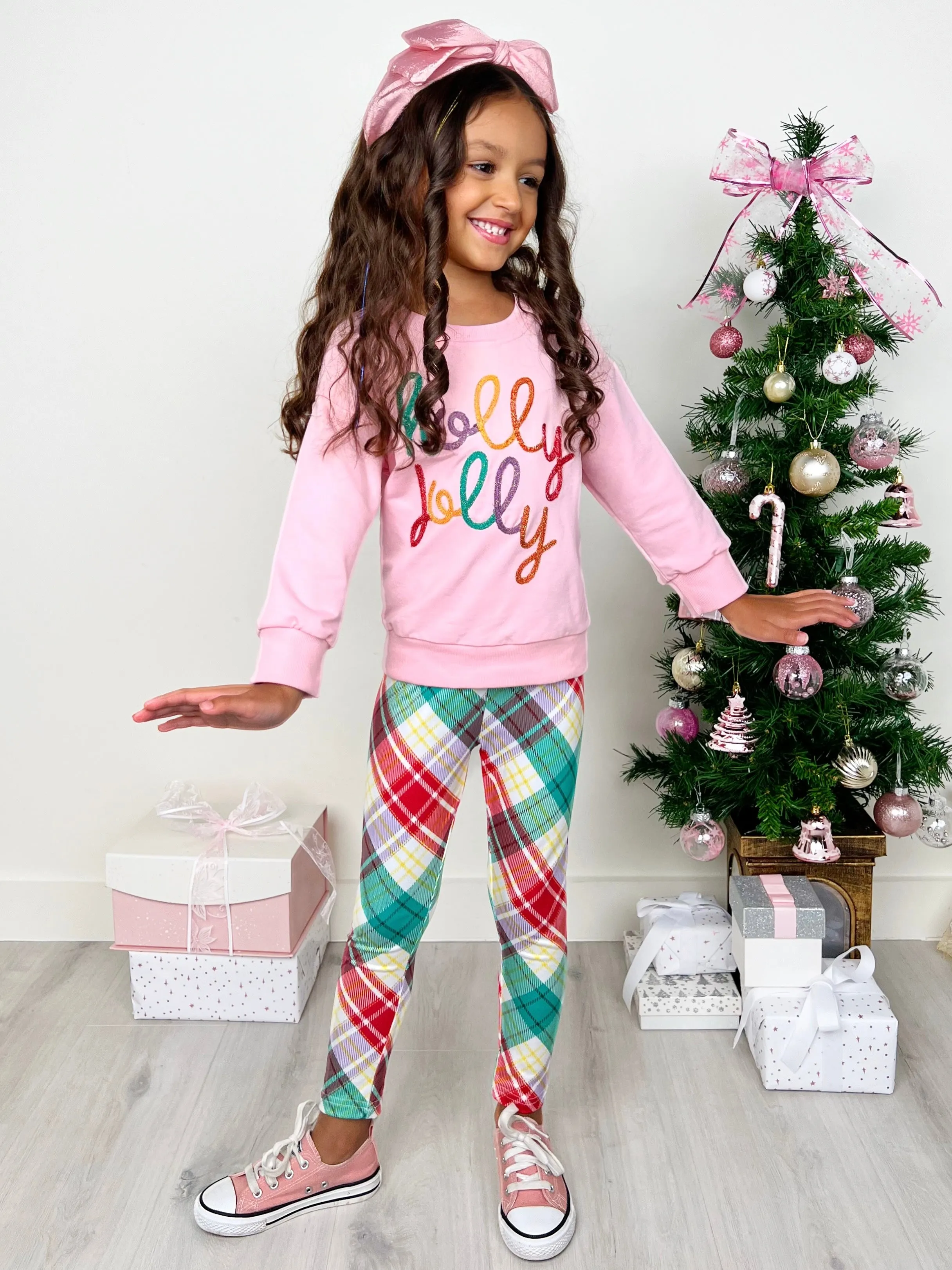 Holly Jolly Pink Top and Christmas Plaid Legging Set
