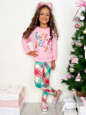 Holly Jolly Pink Top and Christmas Plaid Legging Set