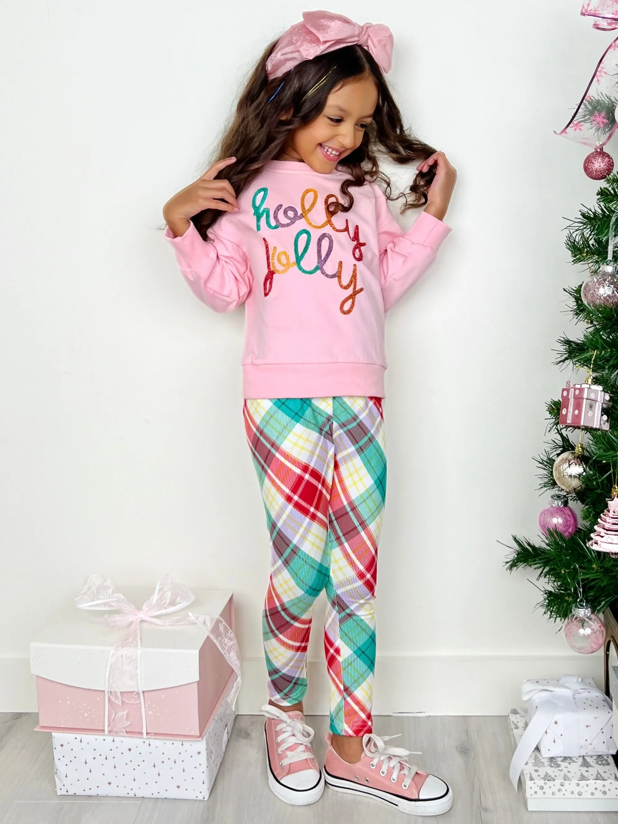 Holly Jolly Pink Top and Christmas Plaid Legging Set