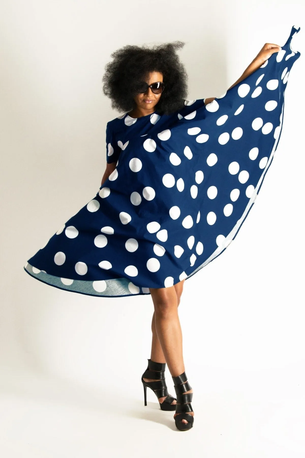 KOSARA Navy Polka Dots Summer Dress