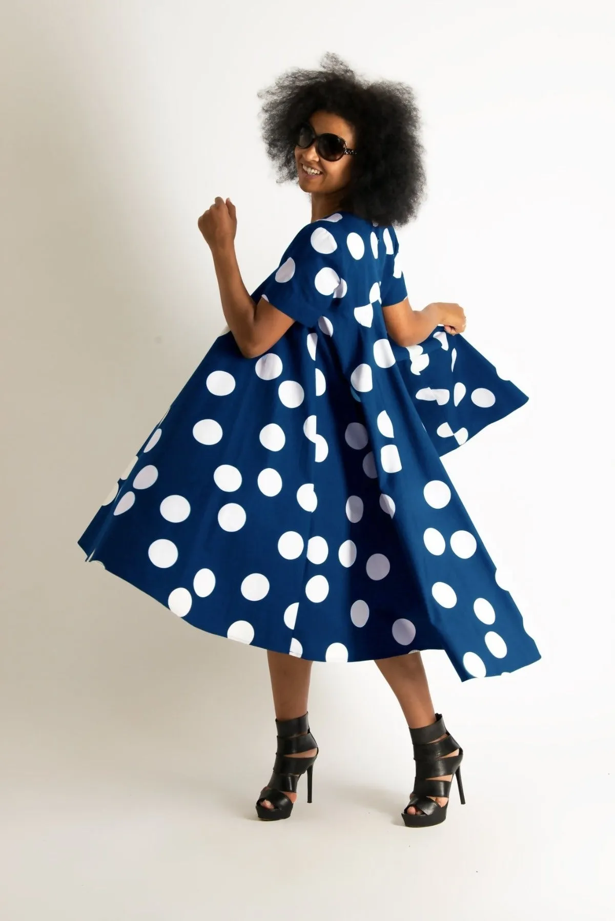 KOSARA Navy Polka Dots Summer Dress