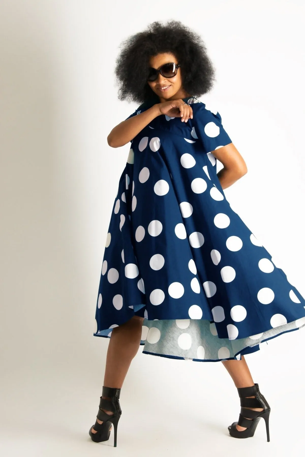 KOSARA Navy Polka Dots Summer Dress