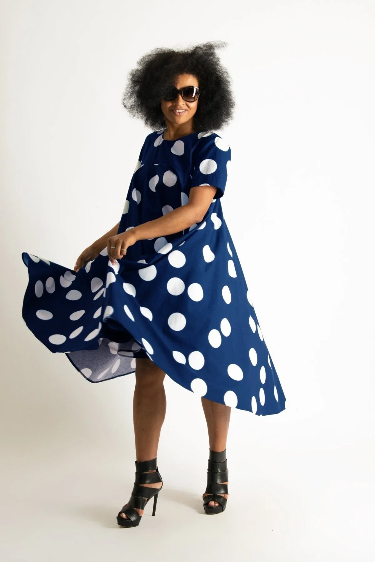 KOSARA Navy Polka Dots Summer Dress