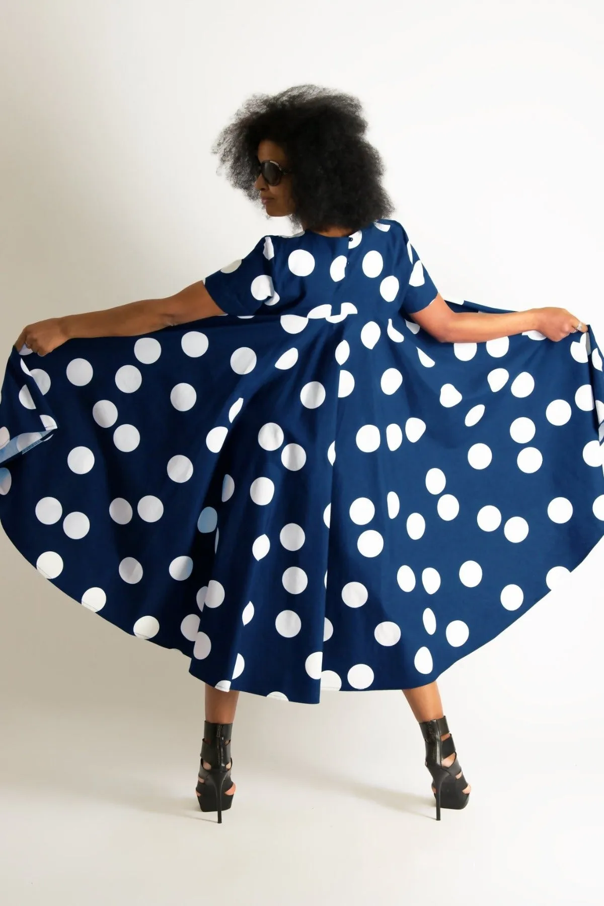 KOSARA Navy Polka Dots Summer Dress