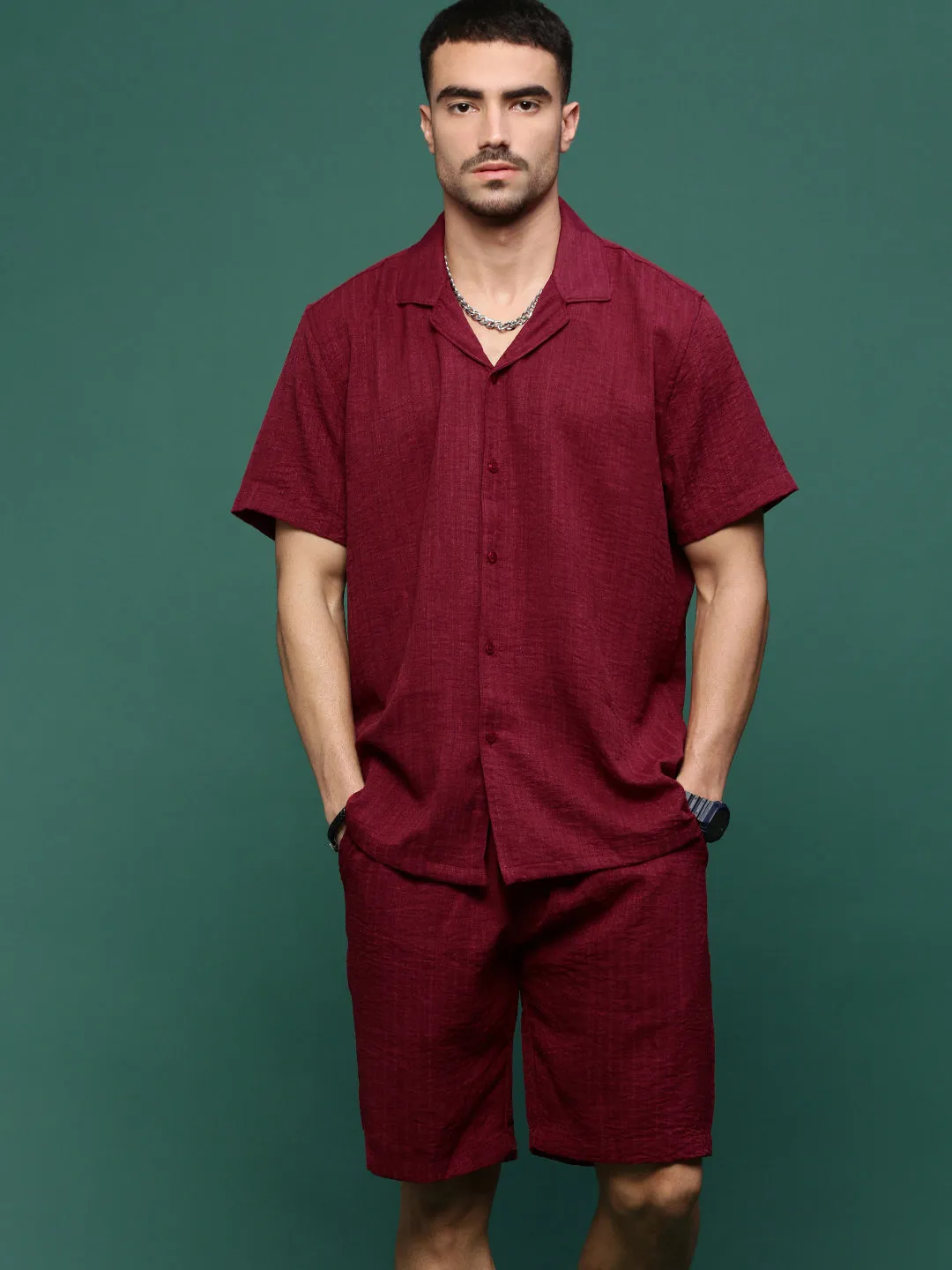 Men Maroon Cuban Collar Solid Co Ords Set