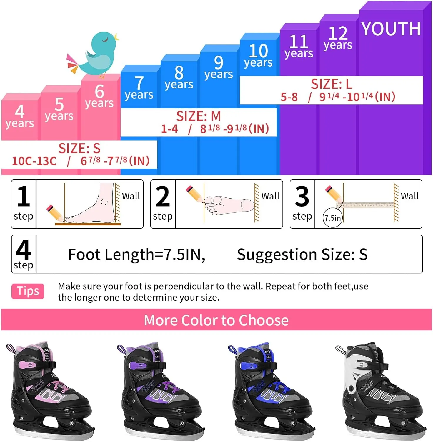 Nattork Adjustable Ice Skates for Kids - Pink