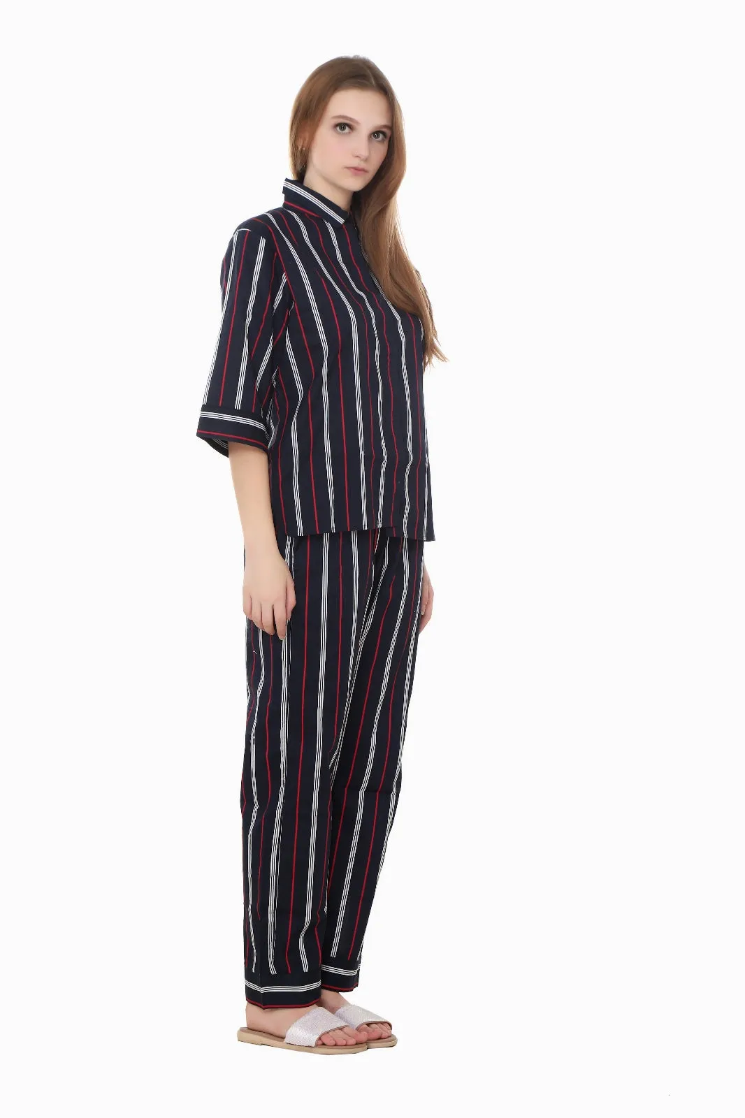 Navy Blue Red Striped Premium Quality Cotton Nightwear MX_FOS20