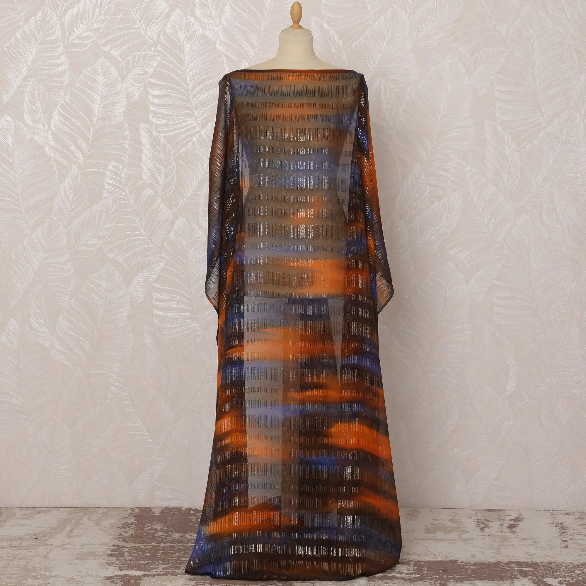 Orange and Blue Striped Somali Silk Chiffon Dirac Fabric with Metallic Lurex Design, 3.5 Meters, 140 cm Width - Made in South Korea-D20843