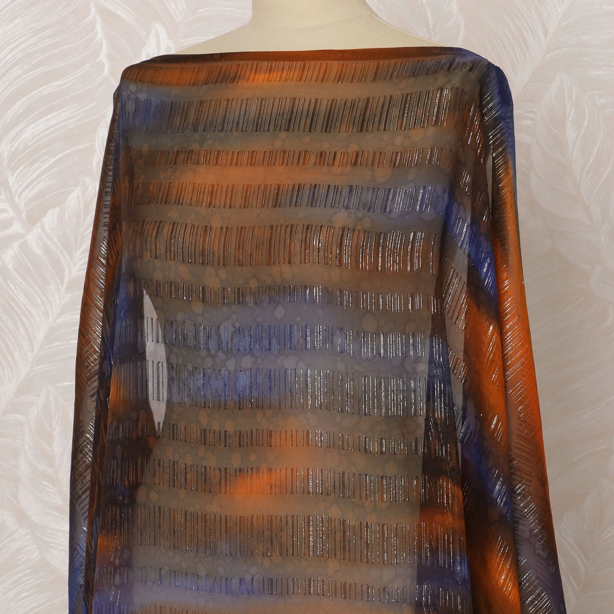 Orange and Blue Striped Somali Silk Chiffon Dirac Fabric with Metallic Lurex Design, 3.5 Meters, 140 cm Width - Made in South Korea-D20843