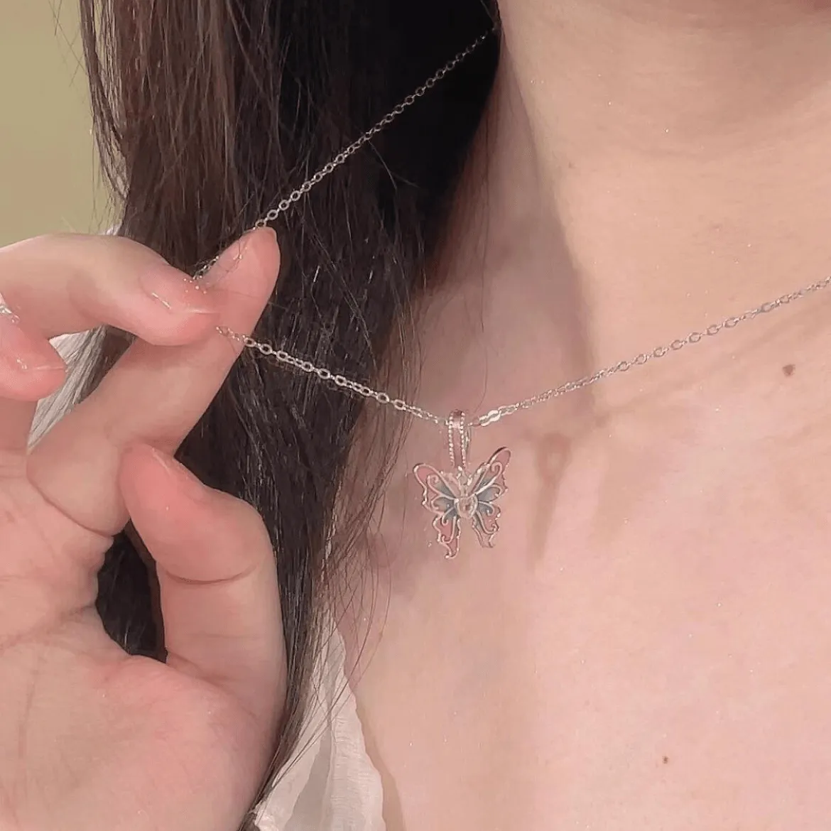 Pink Blue Gradient Enamel Butterfly Necklace