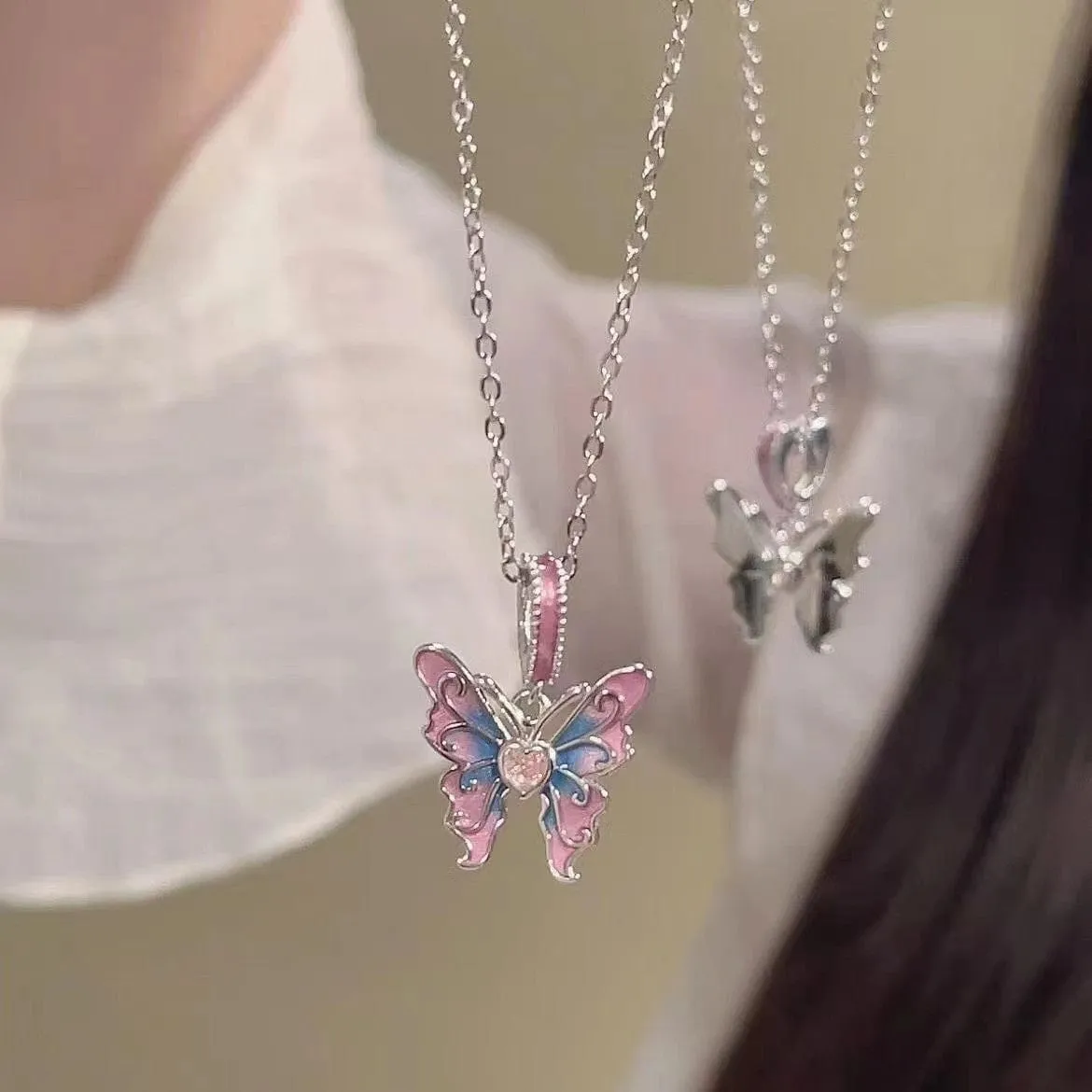 Pink Blue Gradient Enamel Butterfly Necklace